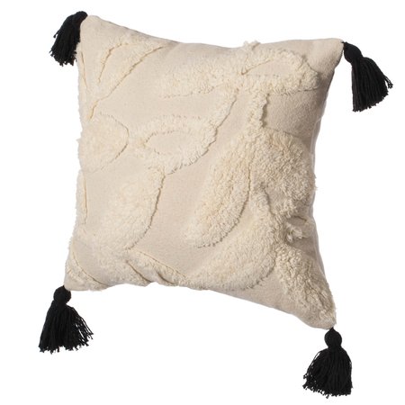 DEERLUX 16" Cotton Throw Pillow Cover with White Tufted Stem Pattern and Black Tassel Corners with Filler QI004307.ST.K